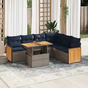 vidaXL Salon de jardin avec coussins 7 pcs gris résine tressée acacia pas cher