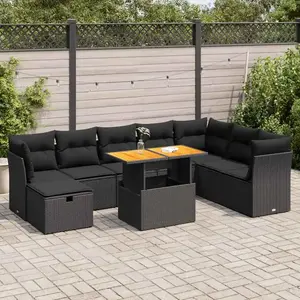 Vidaxl salon de jardin avec coussins 9 pcs noir résine tressée acacia pas cher