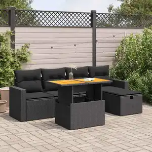 vidaXL Salon de jardin 6 pcs avec coussins noir résine tressée acacia pas cher
