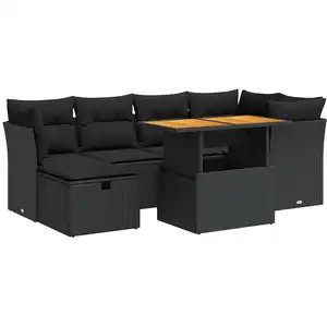 vidaXL Salon de jardin avec coussins 7 pcs noir résine tressée acacia pas cher