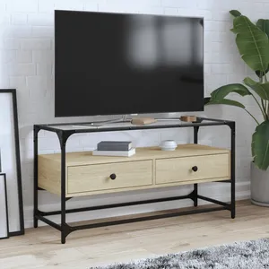 vidaXL Meuble TV avec dessus en verre chêne sonoma bois d'ingénierie pas cher