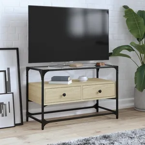 vidaXL Meuble TV avec dessus en verre chêne sonoma bois d'ingénierie pas cher