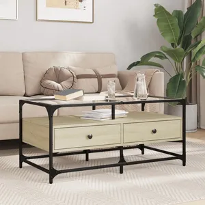 vidaXL Table basse et dessus en verre chêne sonoma 98,5x50x45 cm acier pas cher