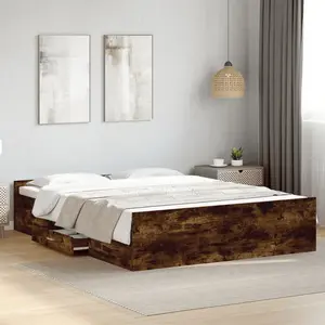 vidaXL Cadre de lit et tiroirs chêne fumé 150x200 cm bois d'ingénierie pas cher