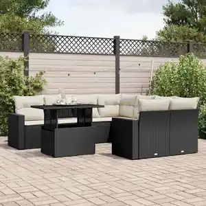 vidaXL Salon de jardin 9 pcs avec coussins noir résine tressée pas cher