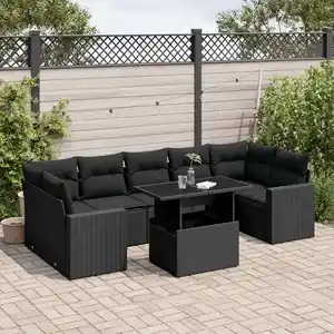 vidaXL Salon de jardin 8 pcs avec coussins noir résine tressée pas cher