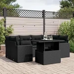 vidaXL Salon de jardin 7 pcs avec coussins noir résine tressée pas cher