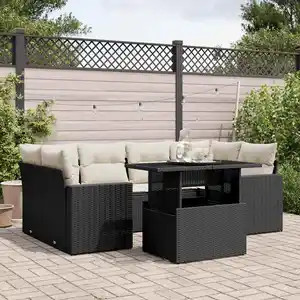 vidaXL Salon de jardin 7 pcs avec coussins noir résine tressée pas cher
