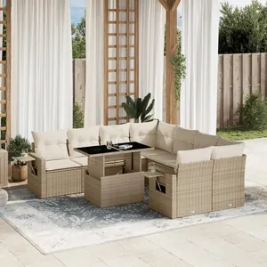 vidaXL Salon de jardin avec coussins 9 pcs beige résine tressée pas cher