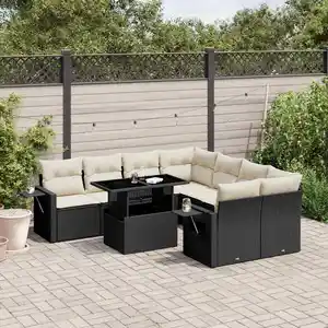 vidaXL Salon de jardin 9 pcs avec coussins noir résine tressée pas cher