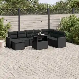 vidaXL Salon de jardin 9 pcs avec coussins noir résine tressée pas cher
