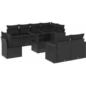 vidaXL Salon de jardin 9 pcs avec coussins noir résine tressée pas cher