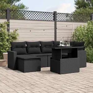 vidaXL Salon de jardin 7 pcs avec coussins noir résine tressée pas cher