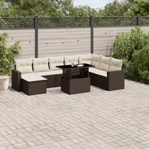 vidaXL Salon de jardin avec coussins 9 pcs marron résine tressée pas cher