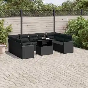 vidaXL Salon de jardin 10 pcs avec coussins noir résine tressée pas cher