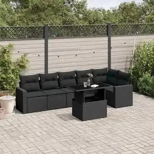 vidaXL Salon de jardin 7 pcs avec coussins noir résine tressée pas cher