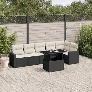 vidaXL Salon de jardin 7 pcs avec coussins noir résine tressée pas cher