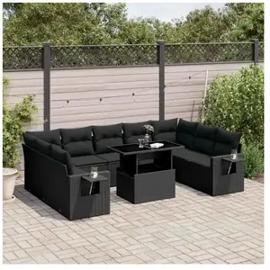vidaXL Salon de jardin 10 pcs avec coussins noir résine tressée pas cher