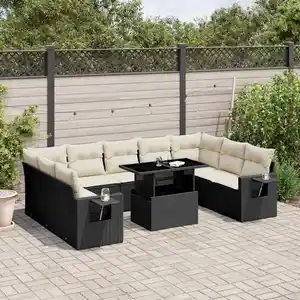 vidaXL Salon de jardin 10 pcs avec coussins noir résine tressée pas cher