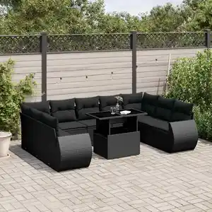 vidaXL Salon de jardin 10 pcs avec coussins noir résine tressée pas cher