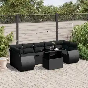 vidaXL Salon de jardin 8 pcs avec coussins noir résine tressée pas cher