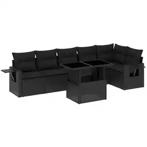 vidaXL Salon de jardin 7 pcs avec coussins noir résine tressée pas cher