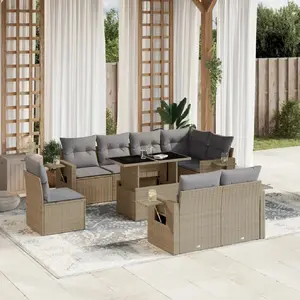 vidaXL Salon de jardin avec coussins 9 pcs beige résine tressée pas cher