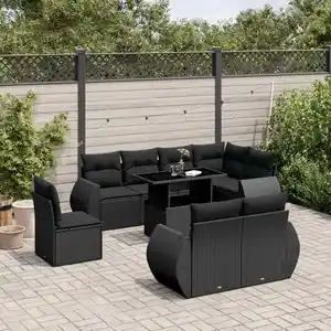 vidaXL Salon de jardin 9 pcs avec coussins noir résine tressée pas cher