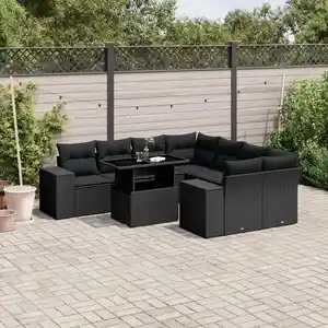 vidaXL Salon de jardin 9 pcs avec coussins noir résine tressée pas cher