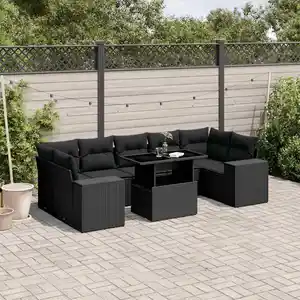 vidaXL Salon de jardin 8 pcs avec coussins noir résine tressée pas cher