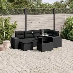 vidaXL Salon de jardin 7 pcs avec coussins noir résine tressée pas cher