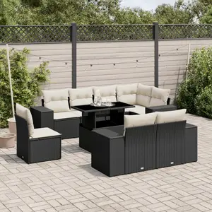 vidaXL Salon de jardin 9 pcs avec coussins noir résine tressée pas cher