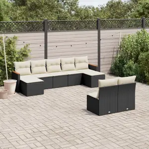 vidaXL Salon de jardin 9 pcs avec coussins noir résine tressée pas cher