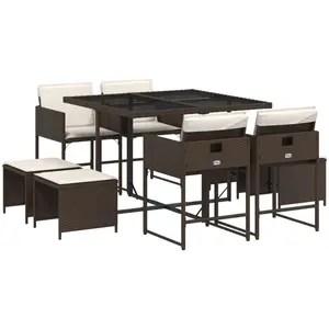 vidaXL Ensemble à manger de jardin et coussins 9 pcs marron poly rotin pas cher