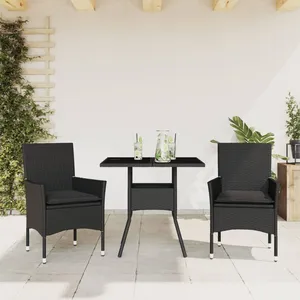 vidaXL Ensemble à manger de jardin et coussins 3 pcs noir rotin verre pas cher