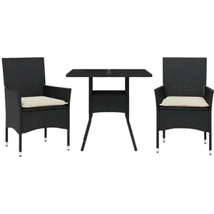 vidaXL Ensemble à manger de jardin et coussins 3 pcs noir rotin verre pas cher