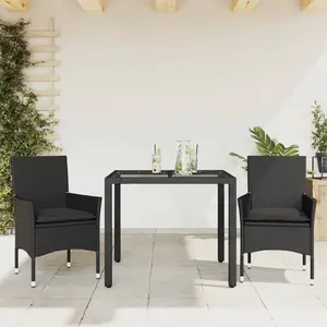 vidaXL Ensemble à manger de jardin et coussins 3 pcs noir rotin verre pas cher