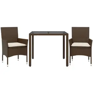 vidaXL Ensemble à manger de jardin et coussins 3pcs marron rotin verre pas cher