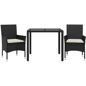 vidaXL Ensemble à manger de jardin et coussins 3 pcs noir rotin verre pas cher