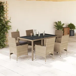 vidaXL Ensemble à manger de jardin et coussins 7 pcs beige rotin verre pas cher