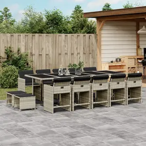 vidaXL Ensemble à manger de jardin et coussins 15 pcs gris clair rotin pas cher