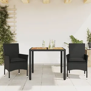 vidaXL Ensemble à manger de jardin et coussins 3 pcs noir rotin acacia pas cher