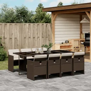 vidaXL Ensemble à manger de jardin et coussins 9 pcs marron poly rotin pas cher