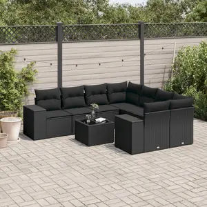 vidaXL Salon de jardin 9 pcs avec coussins noir résine tressée pas cher