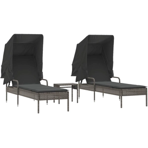 vidaXL Chaises longues lot de 2 avec auvents et table gris poly rotin