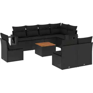 vidaXL Salon de jardin 9 pcs avec coussins noir résine tressée pas cher