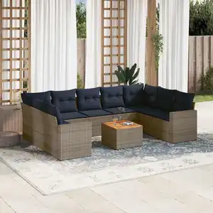 vidaXL Salon de jardin 10 pcs avec coussins gris résine tressée pas cher