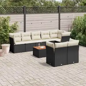 vidaXL Salon de jardin 9 pcs avec coussins noir résine tressée pas cher