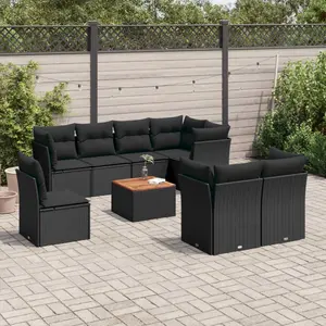 vidaXL Salon de jardin 9 pcs avec coussins noir résine tressée pas cher