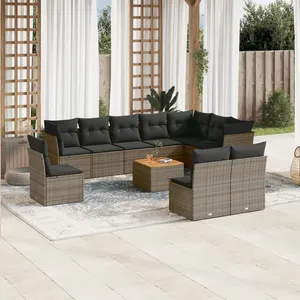 vidaXL Salon de jardin 11 pcs avec coussins gris résine tressée pas cher